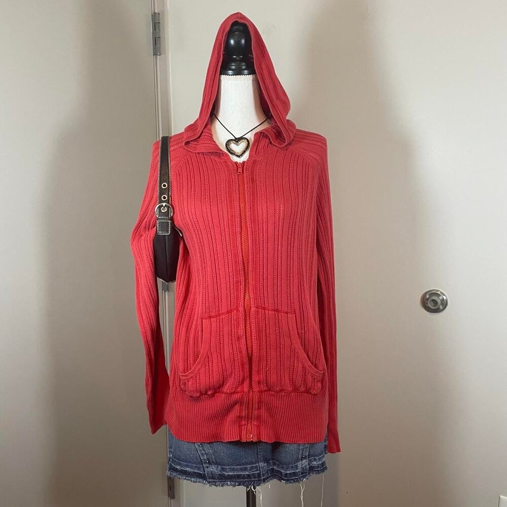Coral Red Knit Cotton Long Sleeve Hooded Jacket Size 14/16 Venezia